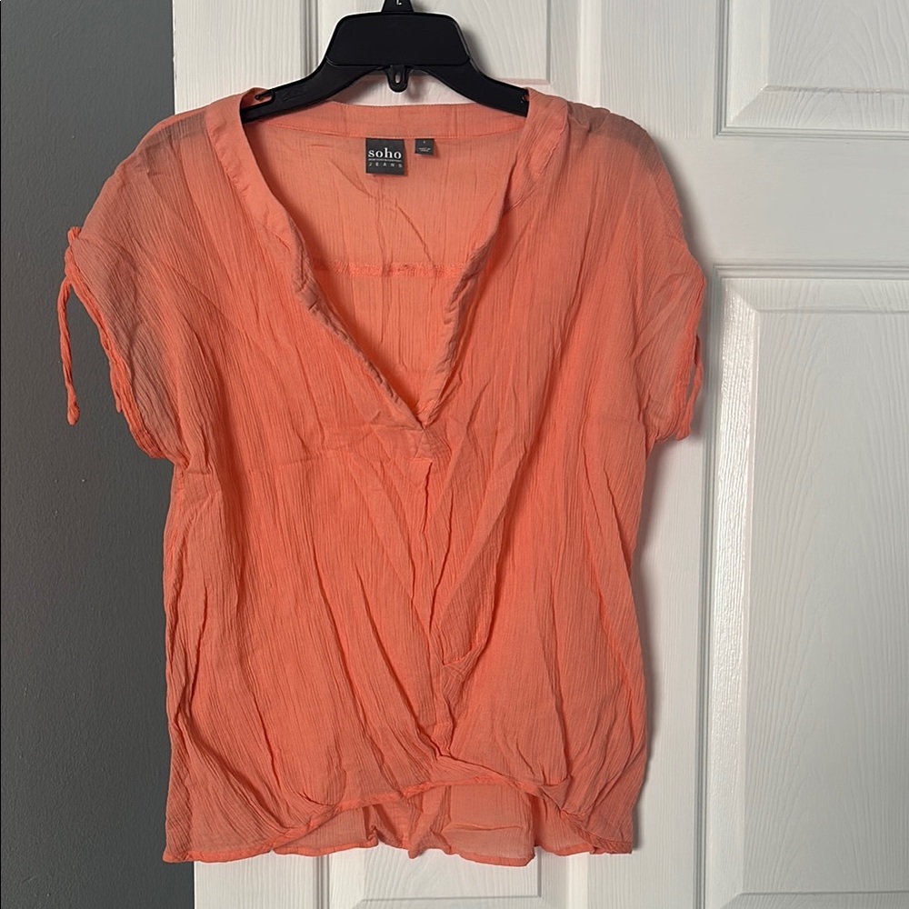 Soho Orange Ruched Tie Front Blouse